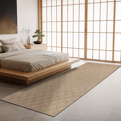 the carpet Kansas - Stilvoller Teppich im Jute-Look, ideal für Wohnzimmer, Esszimmer & Flur, pflegeleicht und wetterbeständig für Indoor & Outdoor, Raute, ca. 60 x 180 cm