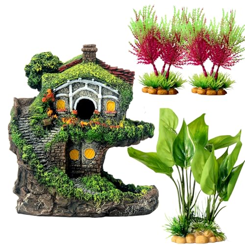 Image of RVQIGYPFish Tank Decoration Hobbit Cabin, Magic Underwater Cabin, elf House Aquarium Decoration, Hand-Carved Resin Material Anti-Fading Medium and Large Fish Tank Landscaping +Water Plants