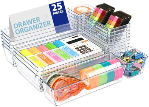 Image of UCRAVO 25Pcs Clear Plastic Tray Organizer Desktop Drawer Storage Box Set - Multifunctional, Transparent, Space-Saving Organizer for Bathroom, Bedroom, Living Room - Easy Assembly, Independent