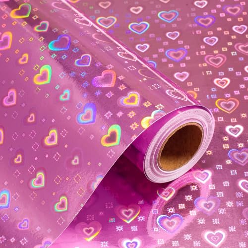 Wikadlik Papier cadeau holographique rose avec petits cœurs 43 cm x 10 m pour la Saint-Valentin,...