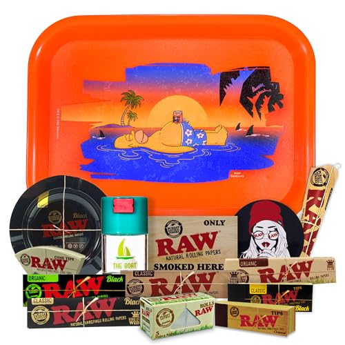 Regalo para fumadores Bandeja para liar oficial 25 x 19 + Cenicero RAW, Bote Antiolor THE BOAT, Papel Raw Organic, Black y Clasic King Size
