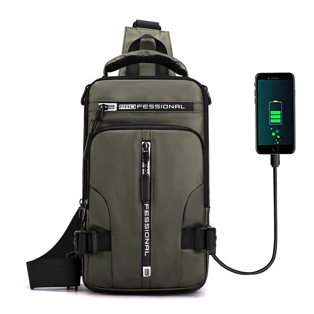 Waterproof Sling Bag Crossbody Backpack for Men Women Multipurpose Waist Pack with USB Charging Port for Hiking Walking Army green, Green, Classic