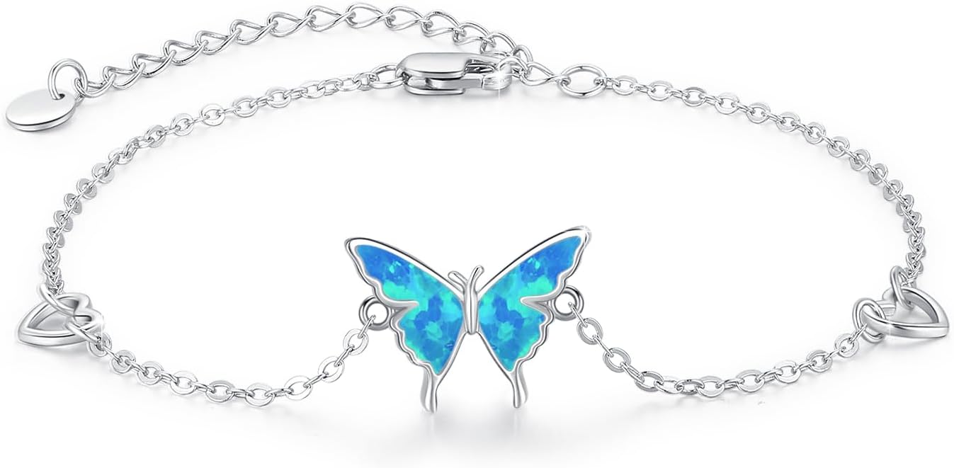 CUOKA MIRACLE Butterfly Bracelet 925 Sterling Silver White/Blue/Pink/Green Opal Bracelet Adjustable Butterfly Jewelry Gifts for Women Teens Birthday
