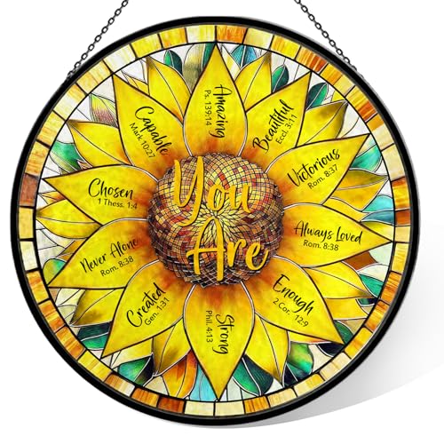 Christian Sunflower Stained Glass Window Hanging, 7.9" Inspirational Bible Verse Sun Catcher Glass Panel, Sunflower Decor Hand Painted Round Wall Art, Religious Gifts for Women, Mom, Wife