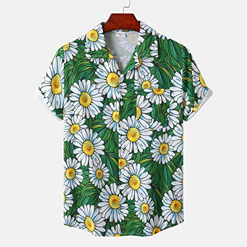 Camisa Lino Hombre, Camisa Hawaiana De Verano para Hombre Patrón De Flor De Margarita Verde De Moda Camisa De Playa De Manga Corta Botón Casual Camiseta De Fiesta De Secado Rápido Camiseta Hawaia Cover