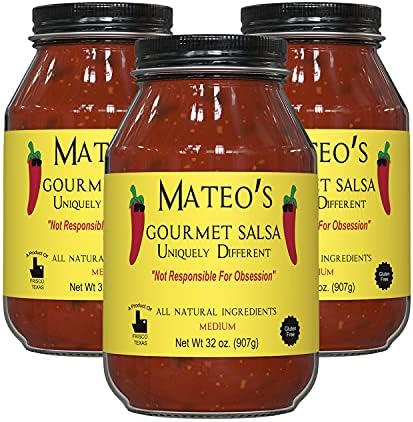 Mateo’s Gourmet Salsa - Medium Hot Spicy Salsa Dip for Tortillas, Tacos, Nachos, Chips, Snacks, Salads - No Gluten, Made of Fresh Tomatoes & Jalapeno Peppers - Product of Frisco, Texas - 3-Pack 32oz