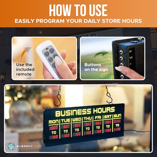 Image of Digital Business Hours Sign by ELEMENT LUX - Electronic Programmable Hours of Operation Signs for Business with Ultra Bright LEDs for Glass Door - Remote and Hanging Kit - 16in x 5.5in, Yellow