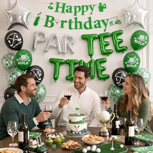 Image of Golf Birthday Party Decorations Let's Partee Time Golf Party Decorations | Happy Birthday Banner Golf Print Balloons Silver Star Foil Balloons for Men Boys Sport Themed Party Supplies