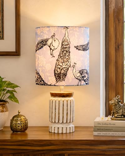 Image of Homesake Retro Farmhouse Table Lamp for Living Room Bedroom Rustic Linen Bedside Nightstand Lamps for Kids Room Study Office Wood, Carved Cylinder, (Peacock and Fowl)