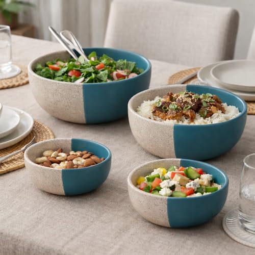 Image of Ceramic Mixing Bowl Set - 4 Pieces (1500ml, 800ml, 600ml, 400ml), White Dusty Blue - Durable, Microwave & Dishwasher Safe - Ideal for Mixing, Serving & Storage
