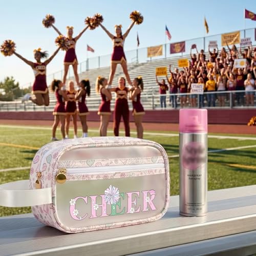 Image of COSHAYSOO Clear CHEER Makeup Bag Cheerleader Team Gifts Cheerleading Hair Skincare Cosmetic Accessories Organizer for College Women Teen Girls, Small Waterproof Travel Pouch for Purses Backpack Tote