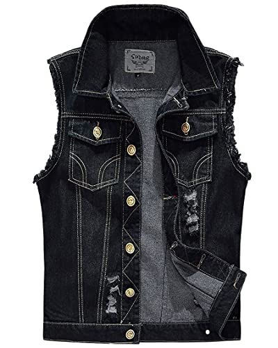 Image of ebossy Men's Ripped Distressed Denim Vest Sleeveless Button Up Jean Vest Jacket (Medium, Solid Black)