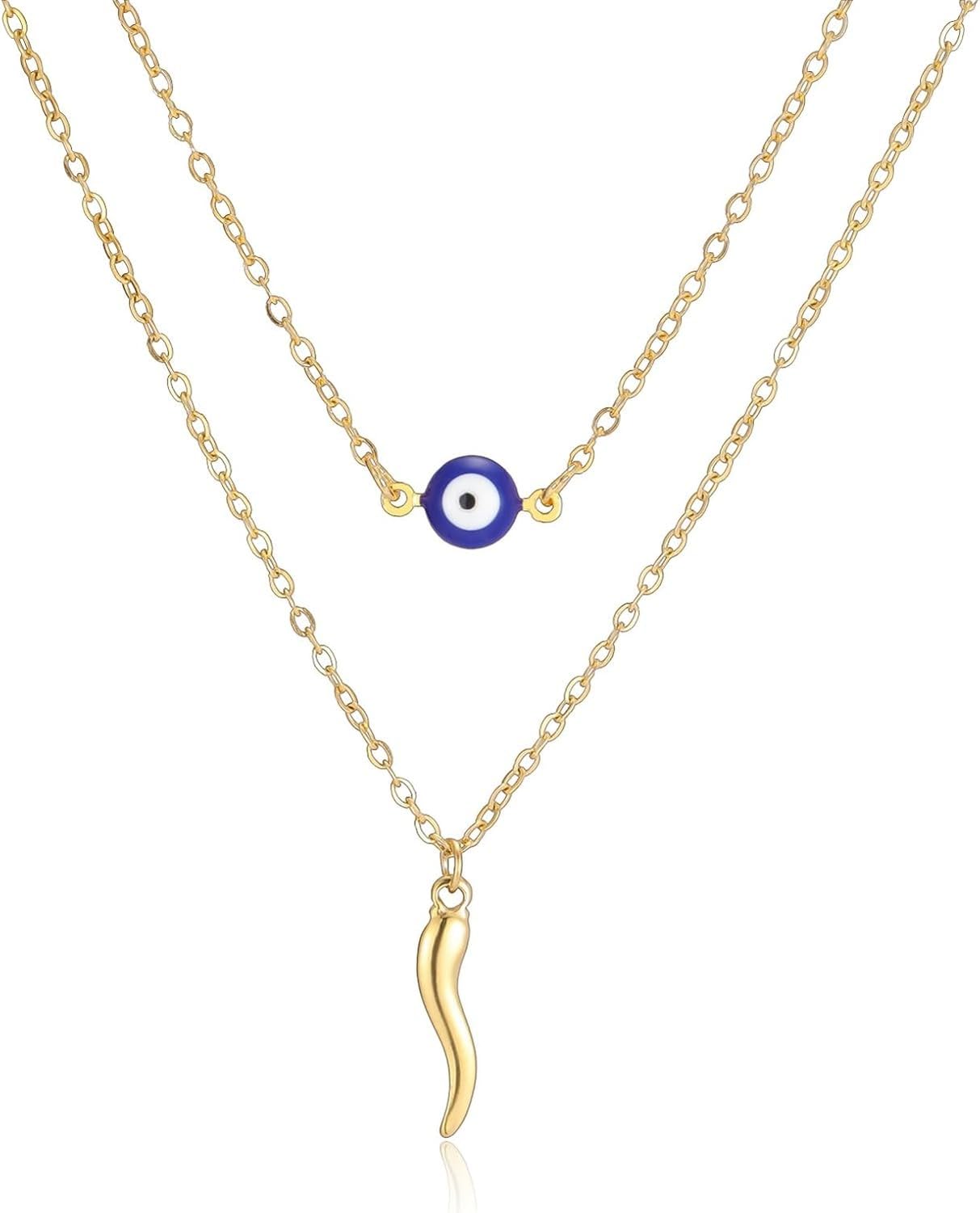 WOMGKDA Evil Eye Necklace Italian Horn Pendant Layered Necklaces for Women Turkish Lucky Protection Jewelry Gift for Women and Men, Gold