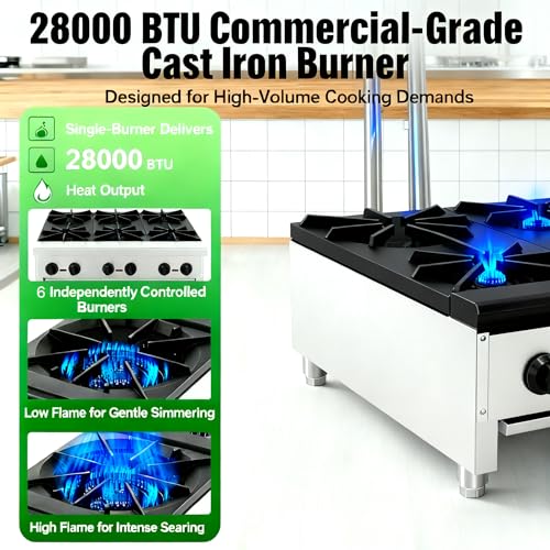 Image of Commercial Gas Stove with 6 Burners, Freestanding Propane and Countertop Natural Gas Range Stove, Stainless Steel Hot Plate, Commercial Cooking Equipment for Restaurant Kitchen, 168,000 BTU