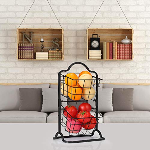 2-Tier Metal Basket Stand, Mini Kitchen Storage Basket Countertop Shelf Rack for Fruits, Vegetables, Household Items, Toiletries（Black）. - Thumbnail 3