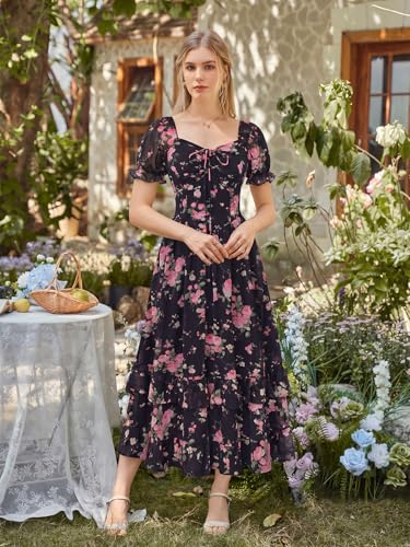 Image of Scarlet Darkness Women Floral Maxi Dress Puff Sleeve Tea Party Corset Dress | Pockets, Ruched Bust, Ruffled Hem, for Cottagecore Fairy Milkmaid Vacation