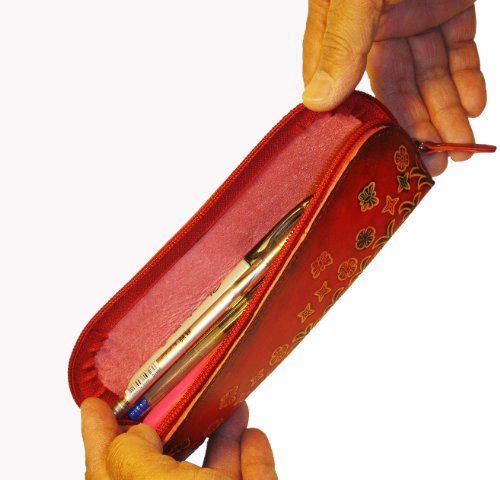 Genuine Leather Pencil Bag,Glasses Holder, Travel Cosmetics Bag ,Butterfly & Flower Pattern, Burgundy #TOP3