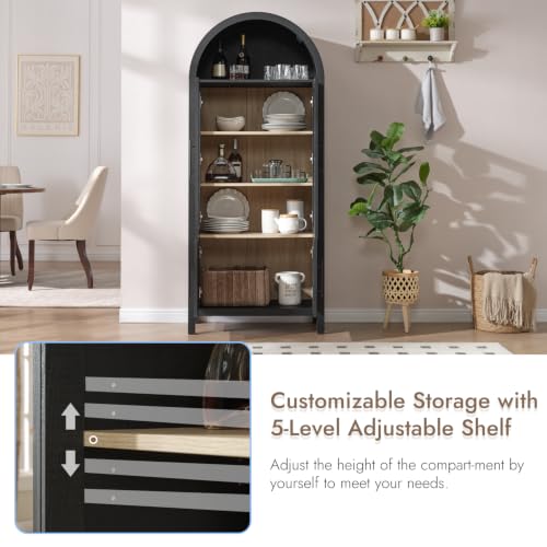 Image of 71 inch Tall Arched Display Cabinet, 5-Tier Bookshelf Modern Farmhouse Arched Bookcase with Glass Doors and Shelves, Wooden Pantry Storage Cabinet for Living Room, Office and Kitchen, Black