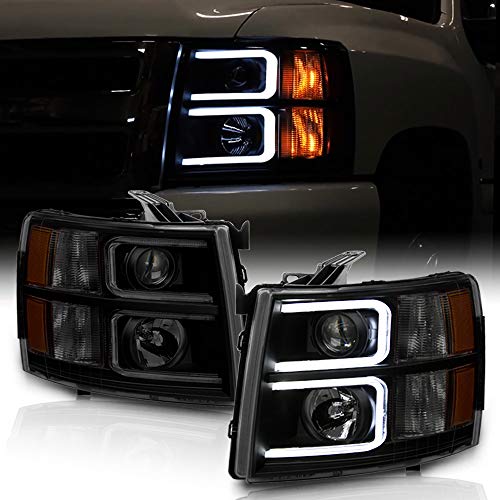 ACANII - For 2007-2013 Chevy Silverado 1500 2500 3500 Black Smoked LED Tube Projector Headlights Pair Set Left+Right