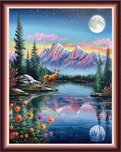 Image of Funxvoot Stamped Cross Stitch Kits for Beginners or Adults Embroidery Starter Patterns | DIY Printed Cross Stitch Kits Needlepoint for Adults or Kids 11CT-Moonlight Scenery 16x20 inch