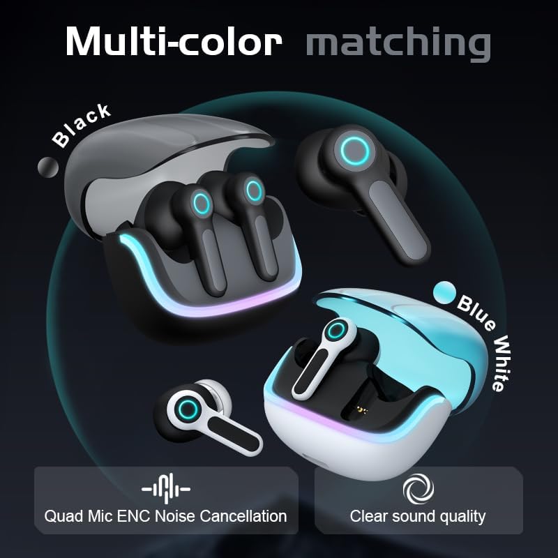G07 Wireless Earbuds with RGB LED Light Gaming Earbuds with 40ms Low Latency Dual Game and Music Mode Earphones Wireless Headphones with 40 Hours Worktime IPX5 Waterproof (Black)