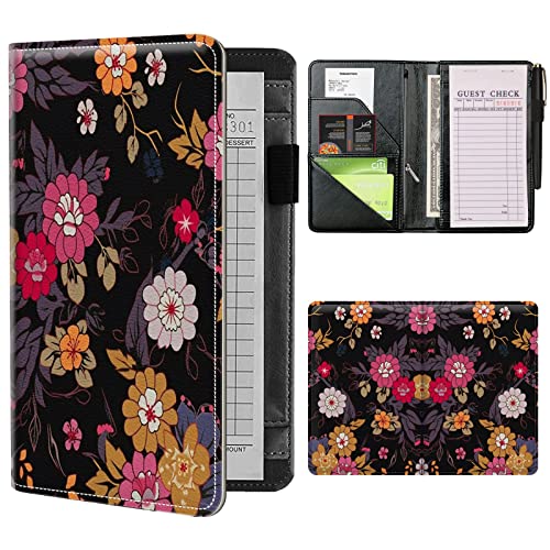 Server Books for Waitress Waiter with Zipper Pocket, Beautiful Flower Leather Server Pads Waitstaff Organizer Guest Check Presenters Server Wallet Money Holder Pouch Fit Apron