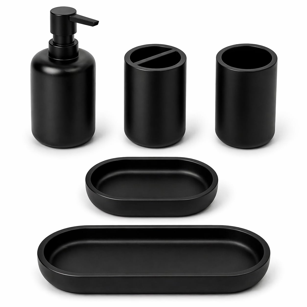 Badezimmer Set 5-teilig | Badezimmer Organizer | Bad Accessoires | Seifenspender Set aus Harz | Zahnputzbecher | Seifenhalter | Becher | Schale | Schwarz