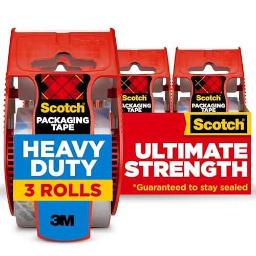 Scotch Heavy Duty Packaging Tape, 1.88 x 22.2 yd, Designed for Packing, Shipping and Mailing, Strong Seal on All Box Types, 1.5" Core, Clear, 3 Rolls with Dispenser (142-3)