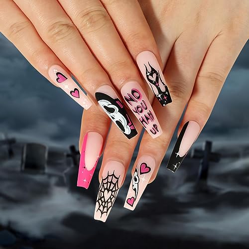 Clataly Halloween Demon Pumpkin Ghost False Nails Bloody Heart Flowing Clown Fake Nails Stars Moon Artificial Nails Press On False Nails (E)