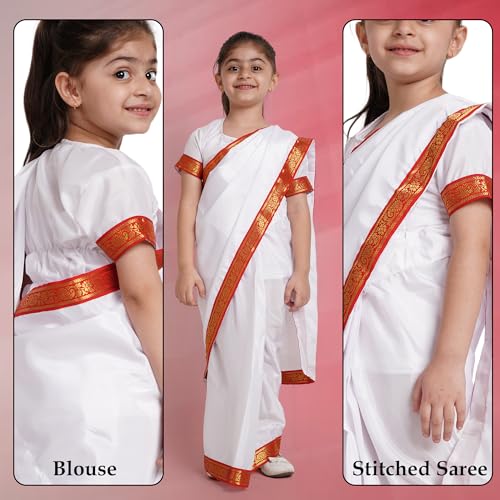 Image of Kaku Fancy Dresses Polyester Indian State Bengali Dance White Saree Costume For Kids -White & Red, 3-4 Years, For Girls