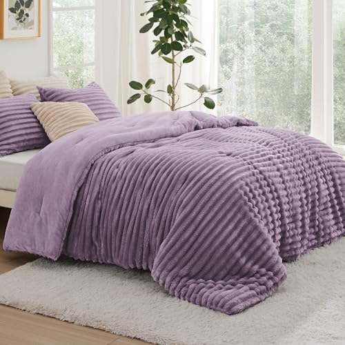 Image of Bedsure Queen Fluffy Comforter Set - GentleSoft 3 Pieces Luxury Fleece Bed Lavender Bedding, Cozy Room Decor Aesthetic, 1 Queen Bed Comforter (90 inchx90 inch) and 2 Pillowcases (20 inchx26 inch)
