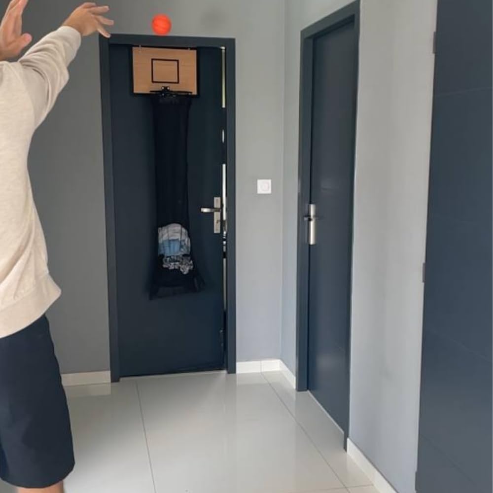 Générique TheDunk - Cesto da basket in legno, per biancheria sporca, da parete e da porta, con borsa rimovibile, pallone e pompa d'aria, giochi da basket, per raccolta di biancheria sporca, regalo per