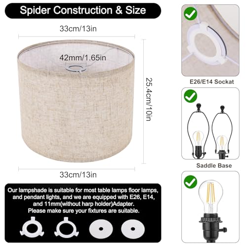 Image of Beige Lamp Shade, Large Drum Lampshade 13''Top X 13'' Bottom X 10'' High, Replacement Lamp Shade Natural Linen Hand Crafted for Table Lamps Floor Lamps Chandelier Lamp, Easy Assembly Required