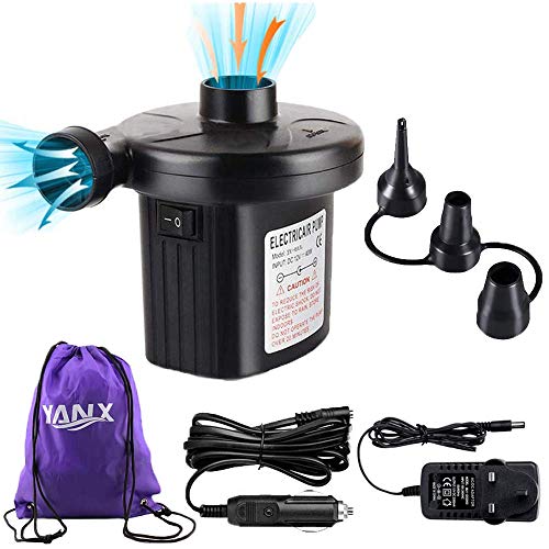 YANX Electric Air Pump Two-way Air Pump with 3 Nozzles, 220V AC/12V DC 2 in 1 Portable Air Mattress Pump Universal Inflator Electric Pump for Inflatables, Paddling Pool, Airbeds, etc