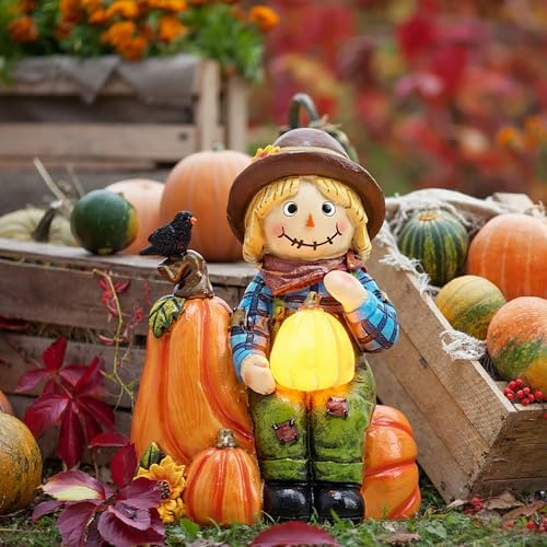 TERESA'S COLLECTIONS Herbstdeko Aussen Kürbis Vogelscheuche Figur Solarled | 16cm Herbst Kürbis deko,Gartendeko für Draußen Wetterfeste,Herbst Strohmann Dekoration,Herbst Erntedank