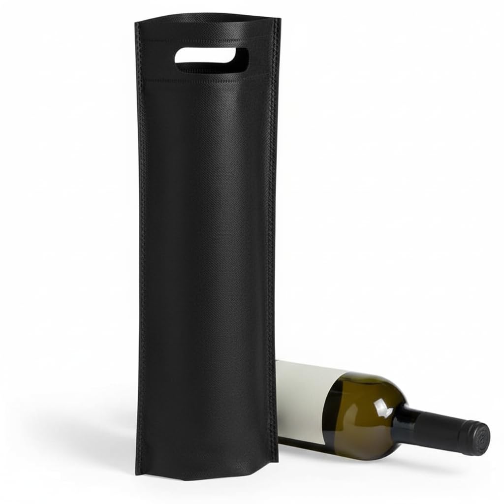 Bolsa para Botella, Non-Woven Negra, asa troquelada | 17 x 40 x 10 cm, fuelle en la base, 100% reciclable, reutilizable, 200 unidades
