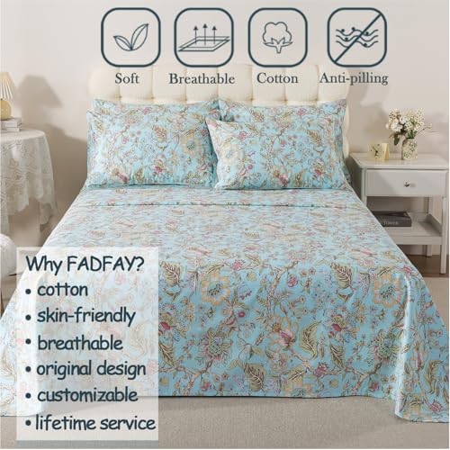 Image of FADFAY Full Sheet Set 4 Piece 100% Egyptian Cotton Bed Sheets Deep Pocket, Soft Breathable Vintage Blue French Country Bedding Shabby Cottagecore Floral Bedding Luxury Hotel Quality for All Seasons