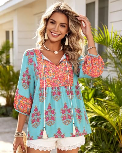 Image of Vivilli Womens Summer Boho Babydoll Tops 3 /4 Sleeve Pleated Peplum Blouses Casual V Neck Tie Front 2026 Tunic Tops