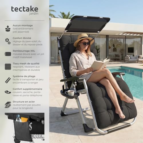 Transat pliant noir avec pare-soleil réglable TecTake