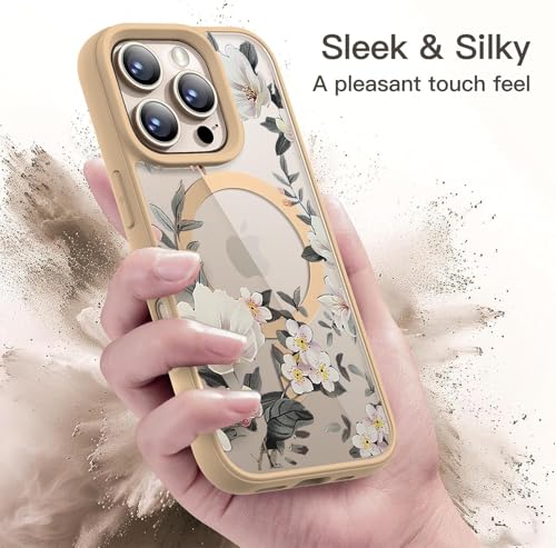 Image of VONZEE Compatible with iPhone 15 Pro Max Case Luxury Retro Flowers Floral Clear for Magnetic Wireless Charging Case Shockproof Case PC+TPU Cute Glossy Shiny Cover for Girls Women,6.7'' Desert Titanium