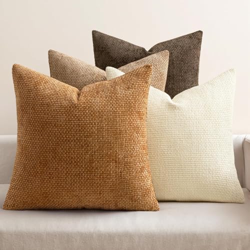Image of MIULEE Pack of 4 Brown Couch Throw Pillow Covers 22x22 Inch Soft Decorative Chenille Pillows Farmhouse Accent Cushions for Boho Home Decor Spring Sofa Bedroom Living Room