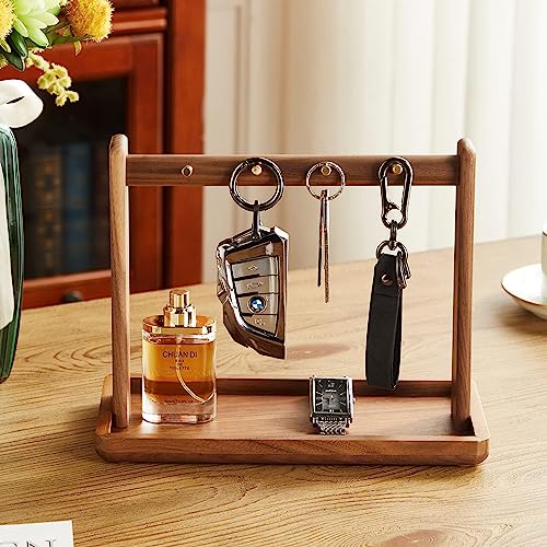 Key Holder For Standing,Wood Tabletop Key Holder,Storage Rack With 4 Hooks And Tray,Key Rack-Modern Hook Organizer Stand, Wallet And Small Stuff, Jewelry Hanging Stand Display On Dresser,Wood Brown #TOP2