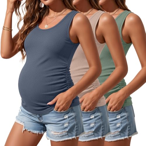 Riyiper Confezione da 3 Canotte Premaman da Donna, Senza Maniche, in Cotone, con Lati in Maglia a Coste e Arricciate(Verde Chiaro, Rosa Polvere, Blu Nebbia,M)