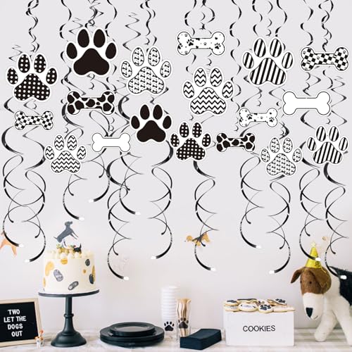 Image of Dog BirthdayHanging Swirl Set Party Decorations, 48 Pcs, Dog Paw Bones Party Supplies Sign,White Black Grid