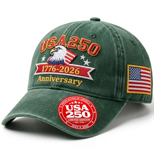 USA 250th Anniversary Hat for Men Women | America 250 Army Green Baseball Cap Embroidered 1776-2026 Patriotic Cap | 6-Panel Washed Cotton Adjustable Baseball Hat 250 Anniversary USA Tribute