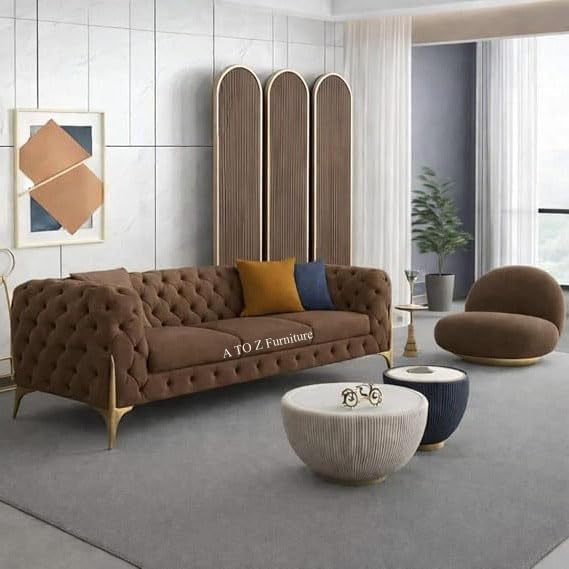Image of A to Z Furniture Modern Classic Fabric & Valvet Tufted Chesterfield Sofa Living Room and Office (3+1= 4 Seater Sofa Set with Footrest Brown)
