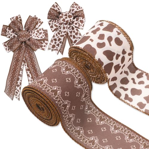 JarThenaAMCS Western Cowboy Wired Edge Ribbon 2.5 Inch Craft Ribbons Rodeo Birthday Decorative Fabric Ribbon for DIY Crafts Wreath Bow Making 2 Rolls 20 Yard