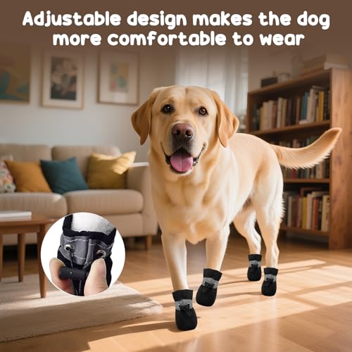 4 PCS Hundeschuhe Sommer, Hundeschuhe Pfotenschutz, Pfotenschutz für Hunde, Ausgestattet mit Reflektierendem Band, Geeignet für Den Lnnen- und Außenbereich, Atmungsaktiv und Verschleißfest/Schwarz 6