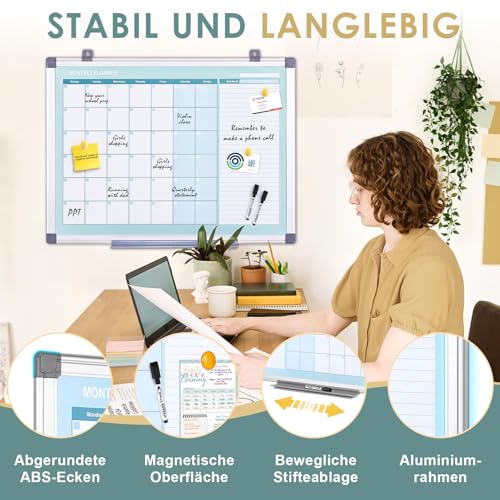 MAKELLO Whiteboard Monatsplaner Groß, 90x60cm, Wochenplaner Monatsplaner Abwischbar Wand, Whiteboard Kalender mit nächstem Monat für Büro, Familie, Küche und Schlafzimmer