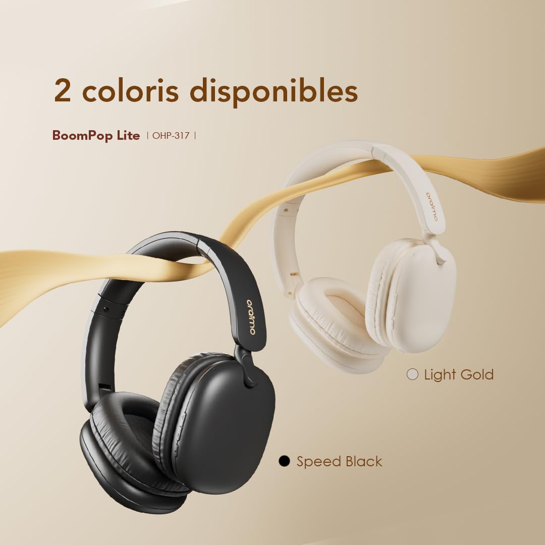Oraimo BoomPop Lite Casque Bluetooth sans Fil, 65 h d'autonomie, Charge Rapide 10 Min = 10 h, Son Spatial Sound360, Micro ENC, Mode Jeu, Pliable, Bluetooth 5.3 + Jack 3,5 mm, USB-C